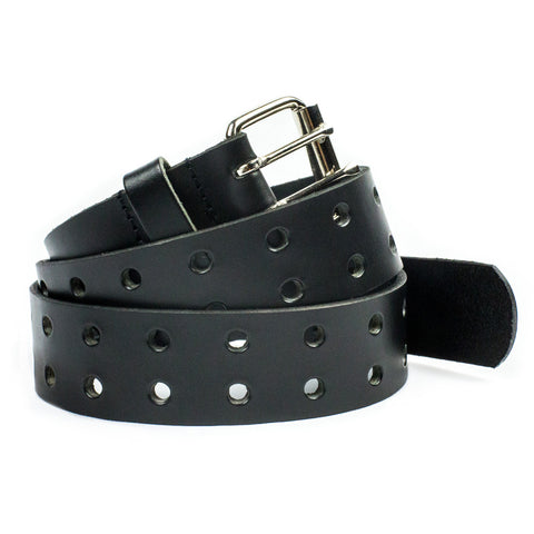 This solid strip of top grain leather has a satin finish surface, and a width of 1 1/2". Will soften with normal wear. Sizes available are 34" to 44" from buckle end to hole most worn. Features double holes the entire length of the strap! The roller buckle is easy on the leather, protecting the strap from undue creasing and scratching. Chrome plated buckle is stitched to leather strap. One of a few USA made belts not produced in our Smyrna TN shop. Made in USA.