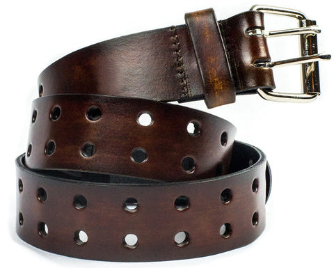This solid strip of top grain leather has a satin finish surface, and a width of 1 1/2". Will soften with normal wear. Sizes available are 34" to 44" from buckle end to hole most worn. Features double holes the entire length of the strap! The roller buckle is easy on the leather, protecting the strap from undue creasing and scratching. Chrome plated buckle is stitched to leather strap. One of a few USA made belts not produced in our Smyrna TN shop. Made in USA.