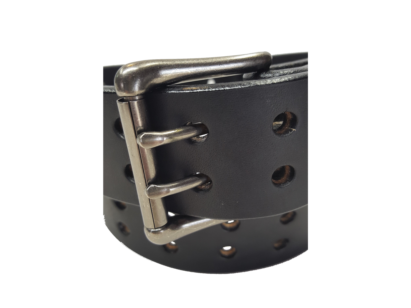 Our handmade Extra Heavy double hole leather belt is made from 12-14 oz. (approx 1/4" thick) bridle cowhide leather that is drum dyed all the way through. The double holes run the length of the belt. Buckle is a heavy double pronged roller buckle with antique nickel plated finish that is snapped in place on the end.  The width is 1 3/4", edges are smoothed and painted.  Made just outside Nashville in Smyrna, TN.  Available in black or brown.