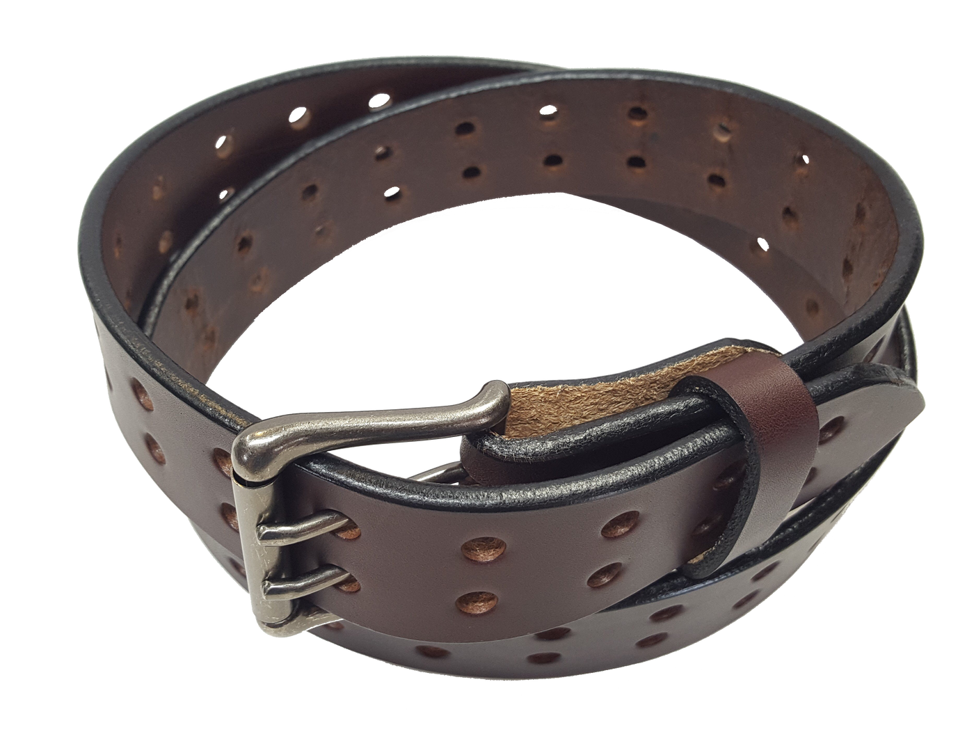 Our handmade Extra Heavy double hole leather belt is made from 12-14 oz. (approx 1/4" thick) bridle cowhide leather that is drum dyed all the way through. The double holes run the length of the belt. Buckle is a heavy double pronged roller buckle with antique nickel plated finish that is snapped in place on the end.  The width is 1 3/4", edges are smoothed and painted.  Made just outside Nashville in Smyrna, TN.  Available in black or brown.