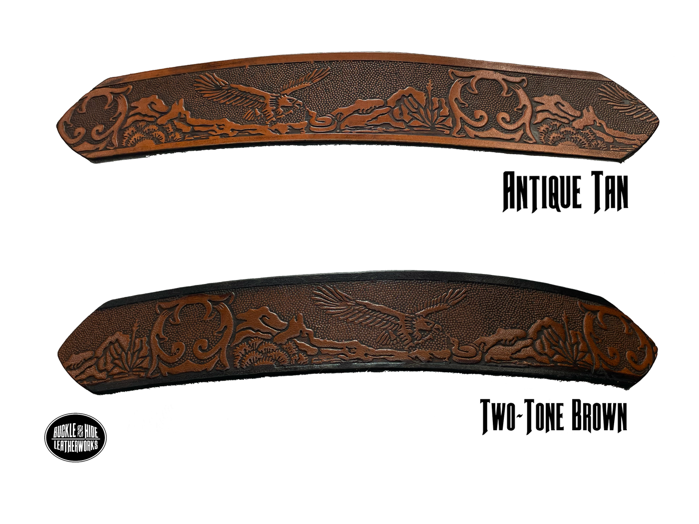 Full grain American vegetable tanned cowhide approx. 1/8"thick. Width 1 1/2" and includes Antique Nickle plated Solid Brass buckle Hand Finished in 3 color options Smooth burnished painted edges Choose with or without name, if without name, design will cover entire length of belt For name Type name desired on belt in "Type Name Here" section, no more than 8 letters maximum Buckle snaps in place for easy changing if desired Made in our Smyrna, TN, USA shop Belt Sizing Instructions