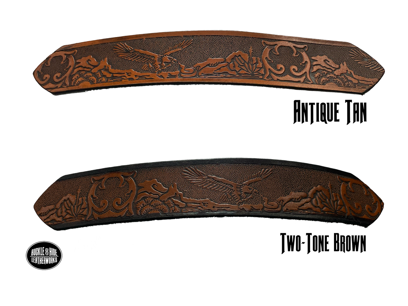 This Eagle Mesa Name Leather Belt offers a unique homage to the American Wild West. Crafted from top-quality Veg tan cowhide and featuring a detailed Eagle-over-desert embossing, this belt is a stylish and practical choice. It's even customizable with name and multiple finish options. Handmade near Nashville in Smyrna TN.