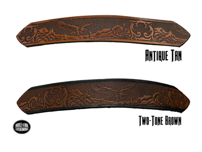 Full grain American vegetable tanned cowhide approx. 1/8"thick. Width 1 1/2" and includes Antique Nickle plated Solid Brass buckle Hand Finished in 3 color options Smooth burnished painted edges Choose with or without name, if without name, design will cover entire length of belt For name Type name desired on belt in "Type Name Here" section, no more than 8 letters maximum Buckle snaps in place for easy changing if desired Made in our Smyrna, TN, USA shop Belt Sizing Instructions