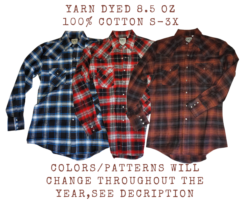 It doesn't get much anymore classic than a flannel shirt. This 100% cotton long sleeve flannel is complete with two front flap pockets, pearl snap details and yarn dyed flannel in the vintage plaid pattern. Great for hiking, working outdoors , riding horses or motorcycles. These never go out of style, always a in style! Available in our Smyrna, TN shop just outside Nashville. Imported