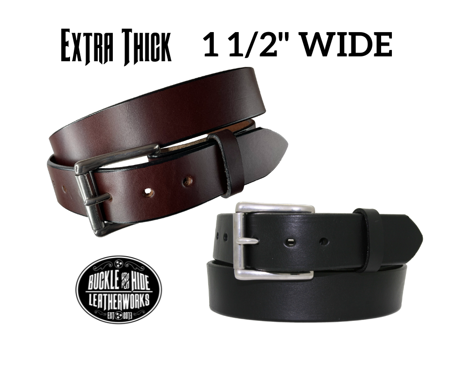 Our handmade, solid, single strip of English Bridle cowhide leather is approx. 1/4" thick and is 1 1/2" wide. Just like our Yuma Extra Wide belt but only 1 1/2" wide, perfect for your casual jeans or khaki's. Heavy duty Stainless Steel roller buckle snaps in place for buckle changing, if desired.  Belt should not roll or bend when carrying. Edges are smoothed and painted. Surface has a satin finish in your choice of black or brown. Made in Smyrna, TN, 