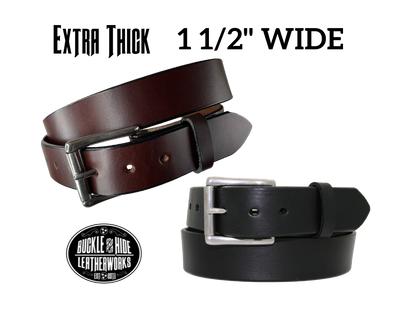 Our handmade, solid, single strip of English Bridle cowhide leather is approx. 1/4" thick and is 1 1/2" wide. Just like our Yuma Extra Wide belt but only 1 1/2" wide, perfect for your casual jeans or khaki's. Heavy duty Stainless Steel roller buckle snaps in place for buckle changing, if desired.  Belt should not roll or bend when carrying. Edges are smoothed and painted. Surface has a satin finish in your choice of black or brown. Made in Smyrna, TN, 