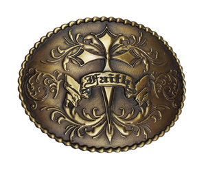 A Cross with a FAITH banner on a western influenced scroll and banner graphic completed with a beaded outside border on a oval shaped antique brass colored buckle. Perfect for 1 1/2" Brown or Black belts with it's Antiqued Nickel appearance. Buckle size is approx. 3" x 4" that makes it great for most body styles. Imported.