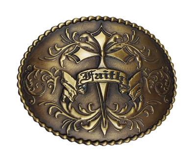 A Cross with a FAITH banner on a western influenced scroll and banner graphic completed with a beaded outside border on a oval shaped antique brass colored buckle. Perfect for 1 1/2" Brown or Black belts with it's Antiqued Nickel appearance. Buckle size is approx. 3" x 4" that makes it great for most body styles. Imported.