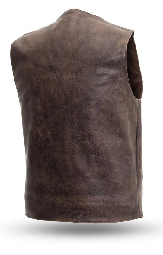 Feel like a true Texan with this Brown Western style vest features a v-neck and four snaps, along with two horizontal pockets and two concealed carry pockets with bullet snaps and a single back panel, making it both practical and stylish. The vest is lined with mesh. Crafted from soft cowhide, it has a slight distressed look and is available at our Smyrna, TN shop near Nashvegas.