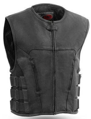 This swat style black leather vest has a zipper front closure and no collar. It is made from soft cowhide and has 3 velcro and nylon webbing adjustable straps on each side. It has 2 zipper style side front pockets on the outside and inside has conceal carry pockets on each side. Available for purchase in our shop in Smyrna, TN, just outside of Nashville. Available in sizes small to 5x.