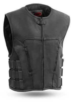 This swat style black leather vest has a zipper front closure and no collar. It is made from soft cowhide and has 3 velcro and nylon webbing adjustable straps on each side. It has 2 zipper style side front pockets on the outside and inside has conceal carry pockets on each side. Available for purchase in our shop in Smyrna, TN, just outside of Nashville. Available in sizes small to 5x.