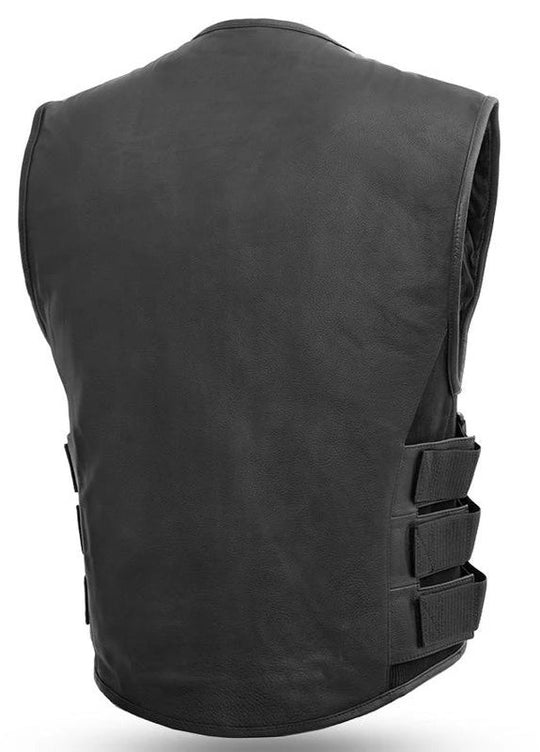 This popular vest is styled after Swat and Tactical vests. It features a zipper front closure and rolled collar. It is made from soft cowhide leather with 3 adjustable hook-and-loop straps over rib-knitted nylon webbing on each side. It has 2 zippered front side pockets and inside left and right conceal carry pockets. Available for purchase in our Smyrna, TN shop, just outside of Nashville. Available in sizes Small to 8XL.