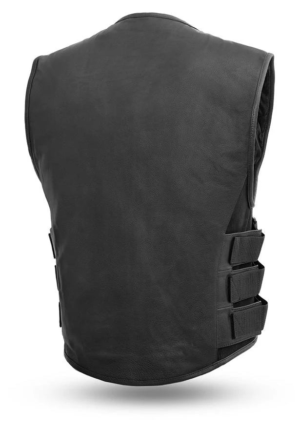 back view of swat style black leather vest. It has a zipper front closure and no collar. It is made from soft cowhide and has 3 velcro and nylon webbing adjustable straps on each side. It has 2 zipper style side front pockets on the outside and inside has conceal carry pockets on each side. Available for purchase in our shop in Smyrna, TN, just outside of Nashville. Available in sizes small to 5x.