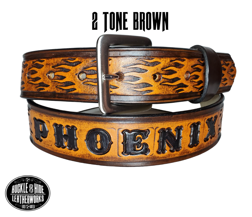 "The Blaze" is a handmade real leather belt made from a single strip of cowhide shoulder leather that is 8-10 oz. or approx. 1/8" thick. It has hand burnished (smoothed) edges and a FIRE/FLAME pattern. This belt is completely HAND dyed with a multi step finishing technic. The antique nickel plated solid brass buckle is snapped in place with heavy snaps.  This belt is made just outside Nashville in Smyrna, TN.