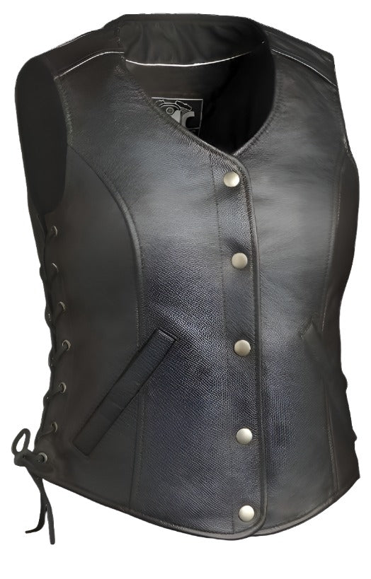 One of our best sellers! Available in Regular and tall. Ladies black leather riding vest has side laces, rounded v-neck collar, and has snap together front closure and a slight hour glass shape. It has two welt hip pockets and conceal carry inner front pockets. It has a single panel back.&nbsp; Available for purchase in our shop in Smyrna, TN, just outside Nashville.&nbsp; Available in sizes XS to 5X and is available in tall length. by First Man.