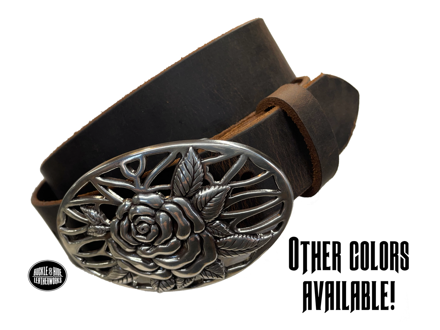 A Filigreed Rose design in Antique Nickel that looks great on plain 1 1/2" Black or Brown belt. Choose ONE belt strip color! A easy to wear oval shape that's not too big, measures approx. 3 7/8" wide by 2 1/2" tall. Belt is made from a single strip of leather in our shop in Smyrna, TN. Buckle is Imported. Available in our shop just outside Nashville in Smyrna, TN as well as online. Main picture