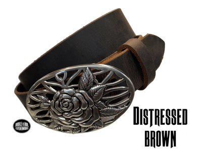 A Filigreed Rose design in Antique Nickel that looks great on plain 1 1/2" Black or Brown belt. Choose ONE belt strip color! A easy to wear oval shape that's not too big, measures approx. 3 7/8" wide by 2 1/2" tall. Belt is made from a single strip of leather in our shop in Smyrna, TN. Buckle is Imported. Available in our shop just outside Nashville in Smyrna, TN as well as online. Distressed brown belt.