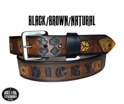 "The Gambler" is a handmade real leather belt made from a single strip of cowhide shoulder leather that is 8-10 oz. or approx. 1/8" thick. It has hand burnished (smoothed) edges and Aces, Eights, Dice, Clubs, Diamonds, Spade pattern down the center. This belt is completely HAND dyed with a multi step finishing technic. The antique nickel plated solid brass buckle is snapped in place with heavy snaps.  This belt is made just outside Nashville in Smyrna, TN.