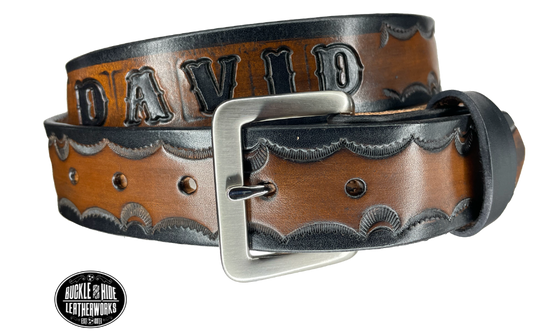The Gatlinburg handmade all leather belt is made from a single strip of Veg-Tan cowhide or drum dyed (colored all the way through) Black cowhide shoulder leather.  The Black/Choc brown is a hand finished Veg-tan that is 9-10 oz., or approx. 1/8" thick.  The width is 1 1/2".  The antique nickel plated solid brass buckle is snapped in place. This belt is made just outside Nashville in Smyrna, TN. Perfect for casual and dress wear, it can be for personal use or for groomsman gifts or other gifts as 