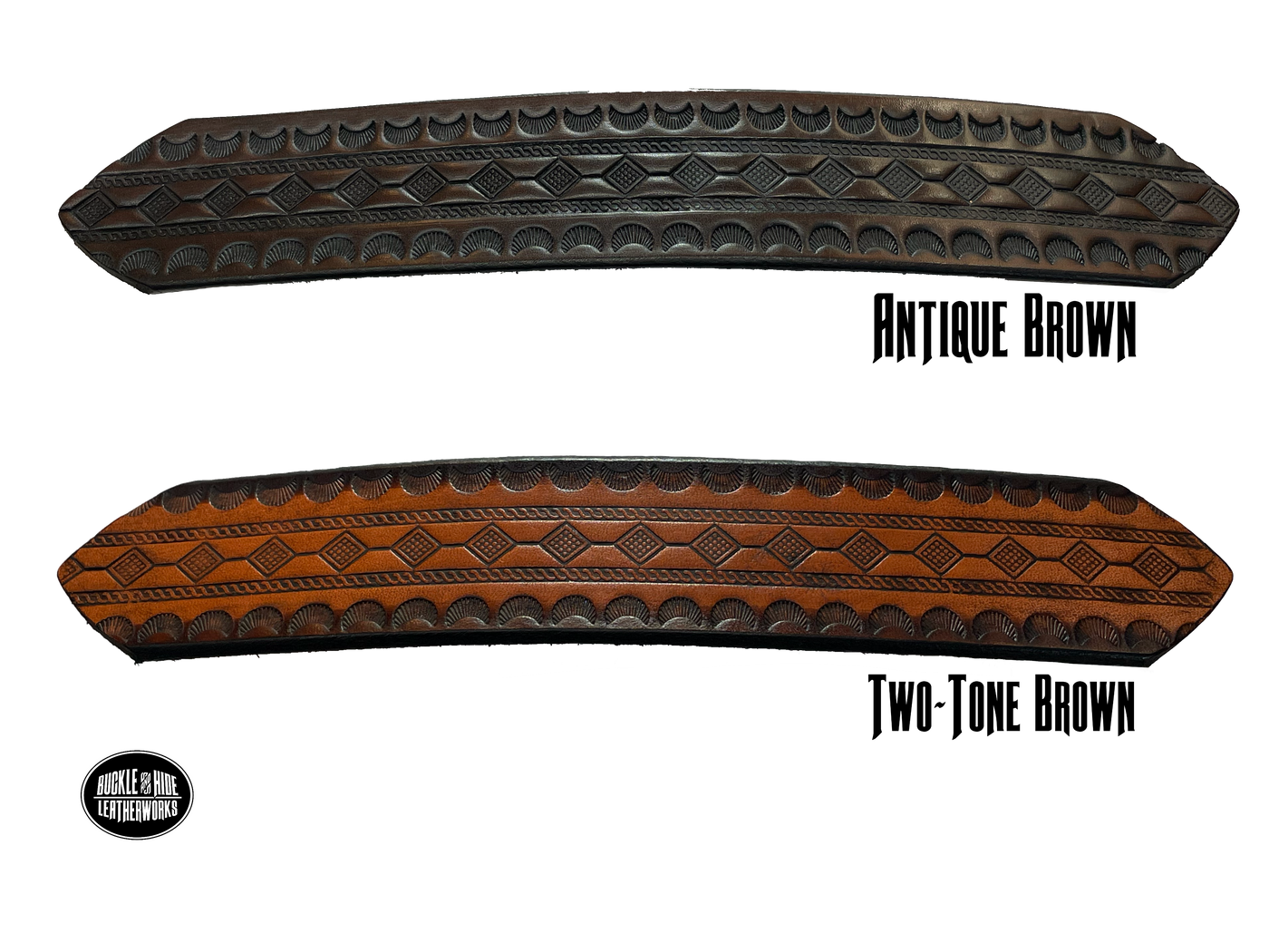 Full grain American vegetable tanned cowhide approx. 1/8"thick. Width 1 1/2" and includes Antique Nickle plated Solid Brass buckle Hand Finished in 3 color options Smooth burnished painted edges Choose with or without name, if without name, design will cover entire length of belt For name Type name desired on belt in "Type Name Here" section, no more than 8 letters maximum Buckle snaps in place for easy changing if desired Made in our Smyrna, TN, USA shop