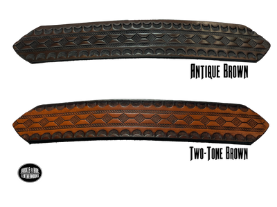 Full grain American vegetable tanned cowhide approx. 1/8"thick. Width 1 1/2" and includes Antique Nickle plated Solid Brass buckle Hand Finished in 3 color options Smooth burnished painted edges Choose with or without name, if without name, design will cover entire length of belt For name Type name desired on belt in "Type Name Here" section, no more than 8 letters maximum Buckle snaps in place for easy changing if desired Made in our Smyrna, TN, USA shop