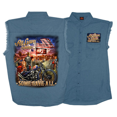 Just like Billy Ray sang "All gave Some, Some gave All". Show your Patriotism with this front buttoned, 2 chest pockets Denim Cotton blend. Patriotic front and back graphics.