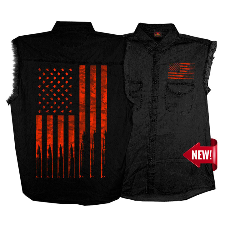 Popular Red Flag graphics ". Show your Patriotism with this front buttoned, 2 chest pockets Black Denim Cotton blend. Patriotic front and back graphics.