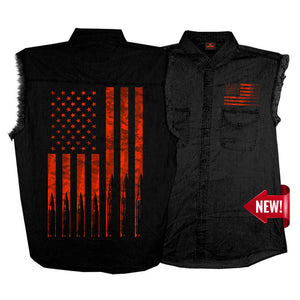 Popular Red Flag graphics ". Show your Patriotism with this front buttoned, 2 chest pockets Black Denim Cotton blend. Patriotic front and back graphics.