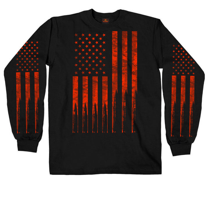 Be a part of the "Support Crew" and show your Flag! Cotton blend Long sleeves with back and sleeves graphics. This black long sleeved tee shirt has American flag pictured in red with bullet pictures creating tattered look to flag. Flags are pictured on front and both sleeves. Available in sizes Medium through 3x. 