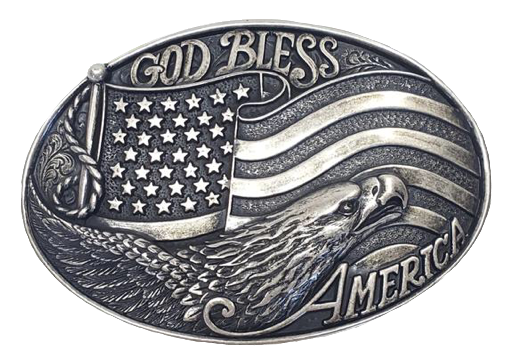 A patriotic antique silver colored, oval Nocona buckle  Intricately detailed flag and eagle head design    Dimensions 2 1/8" tall by 4" wide  Available online and in our shop in Smyrna, TN, just outside of Nashville 