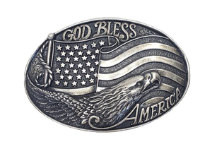 A patriotic antique silver colored, oval Nocona buckle  Intricately detailed flag and eagle head design    Dimensions 2 1/8" tall by 4" wide  Available online and in our shop in Smyrna, TN, just outside of Nashville 
