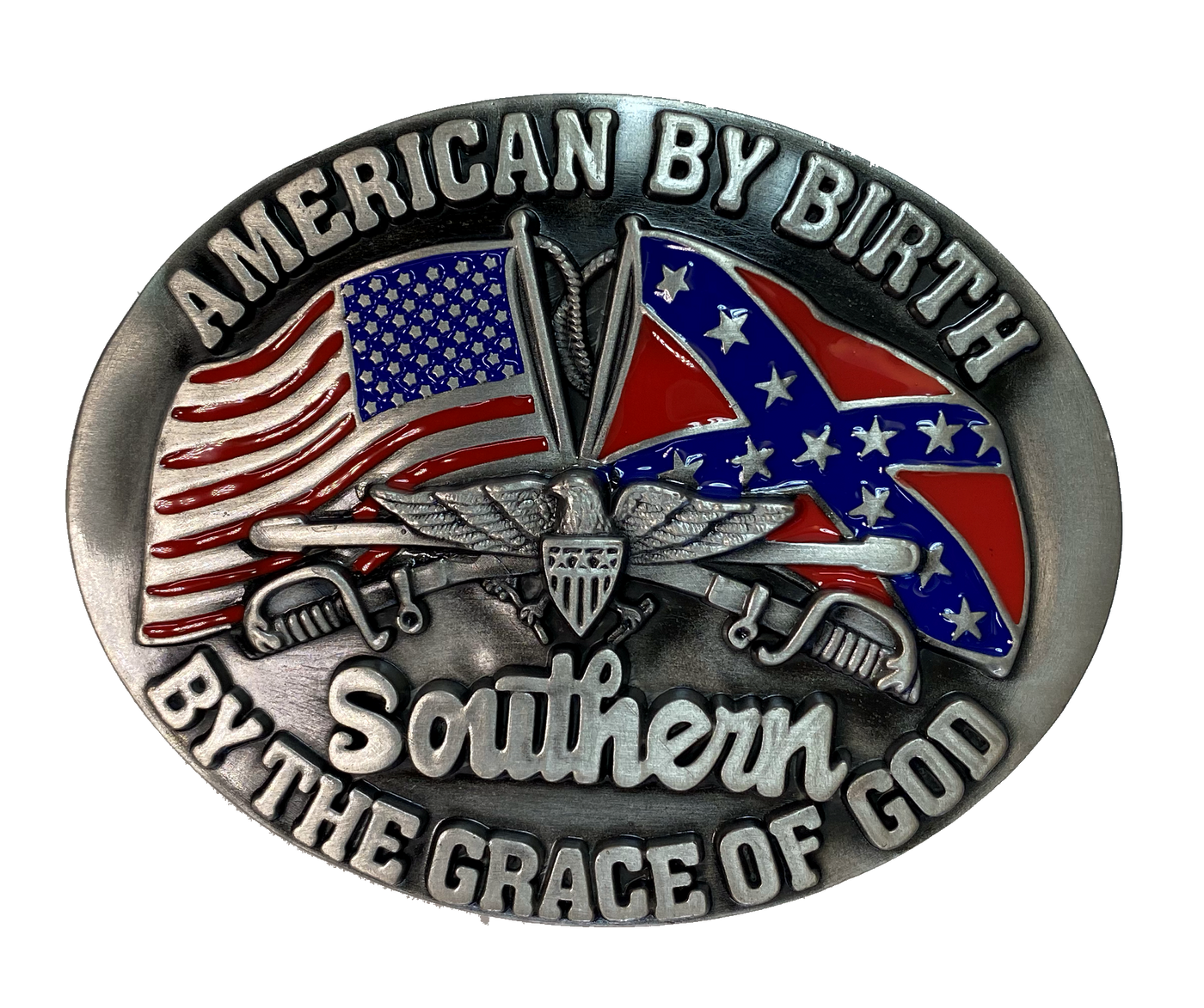 Our Heritage buckle has a oval shape is good for most body types without digging in to your mid section. Fits up to 1  1/2" belts. Dimensions are approx. 3" tall x 4"wide. Available online and in our retail shop in Smyrna, TN, just outside of Nashville. Pictures an American and a Southern Flag with Eagle and crossed sabers.