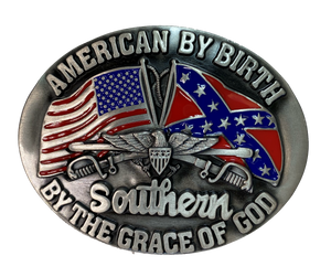 Our Heritage buckle has a oval shape is good for most body types without digging in to your mid section. Fits up to 1  1/2" belts. Dimensions are approx. 3" tall x 4"wide. Available online and in our retail shop in Smyrna, TN, just outside of Nashville. Pictures an American and a Southern Flag with Eagle and crossed sabers.