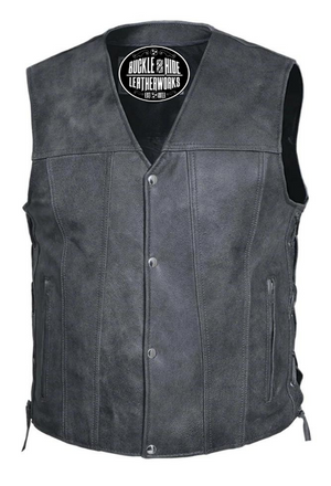 Gray leather side laced motorcycle riding vest.  Made from lighter weight cowhide and contains conceal carry pockets on front insides. It has a single panel pack and snap front closure. It has a v-neck opening.  Available for purchase in our leather shop in Smyrna, TN, near Nashville.  Available in sizes small to 5x.