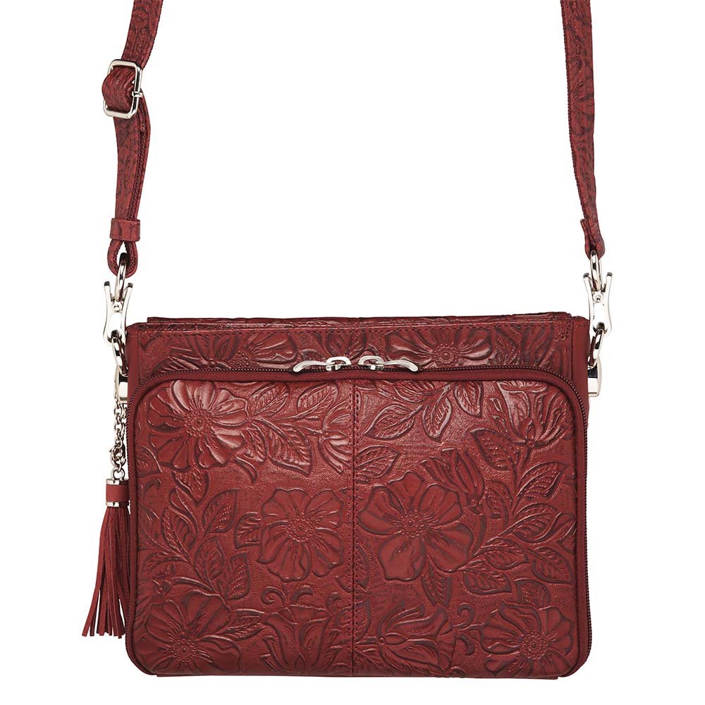 American Cowhide Leather Becomes softer with use, Durable, Ages to darker patina. Designed for either Left or Right handed use, CCW special outside back compartment zips open on 3 sides, Special padding to prevent imprinting, Adjust holster to your comfort draw angle, SLASH RESISTANT Shoulder Strap11-Ply Steel Cable Reinforced Cross Body Length, Easily clips on or off, Adjustable Shortest drop length = 12" / longest = 25"Total length = 49"