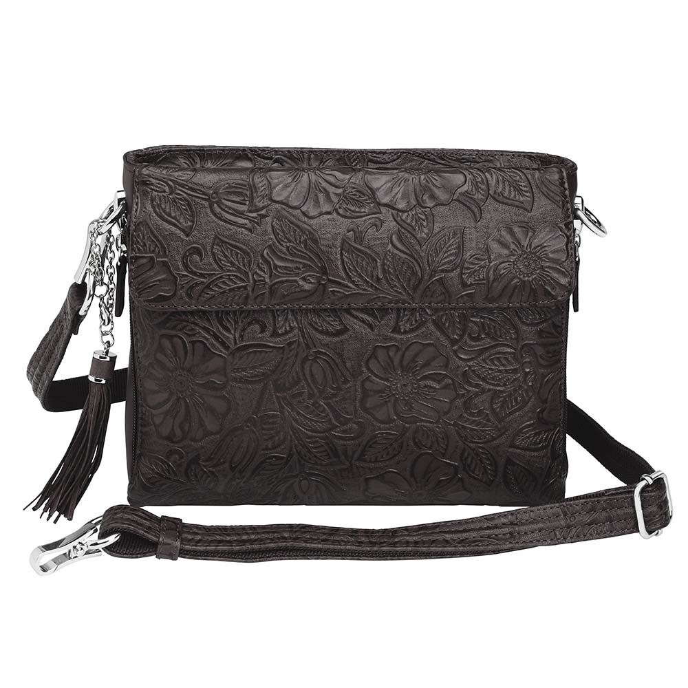 American Cowhide Leather Becomes softer with use, Durable, Ages to darker patina. Designed for either Left or Right handed use, CCW special outside back compartment zips open on 3 sides, Special padding to prevent imprinting, Adjust holster to your comfort draw angle, SLASH RESISTANT Shoulder Strap11-Ply Steel Cable Reinforced Cross Body Length, Easily clips on or off, Adjustable Shortest drop length = 12" / longest = 25"Total length = 49"
