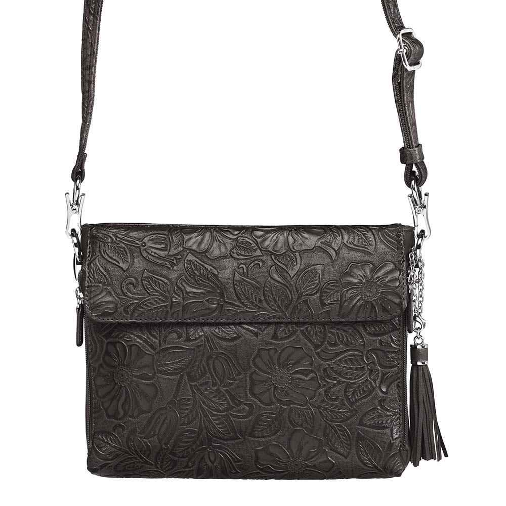 Tooled American Cowhide Clutch W/Carry Conceal Compartment. Designed for either Left or Right handed use, CCW special outside back compartment zips open on 3 sides, Special padding to prevent imprinting, Adjust holster to your comfort draw angle, Choose Black, Tan or Cherry. These are typically in-stock in our retail store in Smyrna, TN. not far from Nashville. Call for current stock.