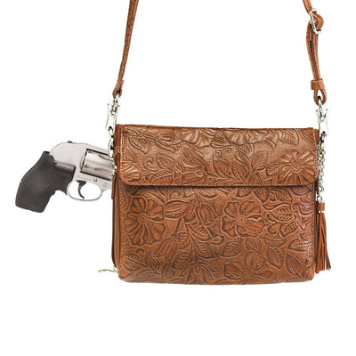 American Cowhide Leather Becomes softer with use, Durable, Ages to darker patina. Designed for either Left or Right handed use, CCW special outside back compartment zips open on 3 sides, Special padding to prevent imprinting, Adjust holster to your comfort draw angle, SLASH RESISTANT Shoulder Strap11-Ply Steel Cable Reinforced Cross Body Length, Easily clips on or off, Adjustable Shortest drop length = 12" / longest = 25"Total length = 49"