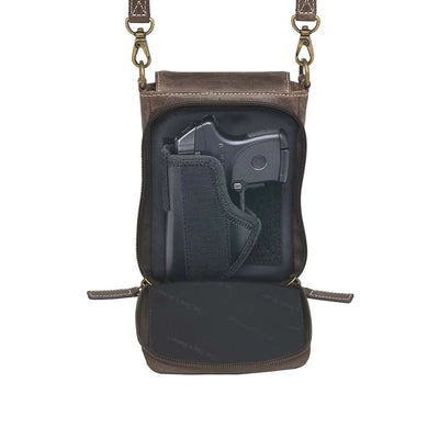 Buffalo Leather Phone Case with Conceal Carry Compartment- Main compartment holds: Flat wallet, glasses, phone, keys, pen, Extra open pocket outsider front, Fully lined. Special padding prevents imprinting, Designed for Left or Right handed use Overall Bag size: 5” Wide x 6 – 1 /2” Tall x 2 – 1 /4” Deep GTM gun compartment size:4 – 3 /4” Wide x 6 – 1 /4” Tall, Zipper opens on 3 sides, Gun footprint in holster: 4” Wide x 5” Tall Color: Distressed Vintage Brown