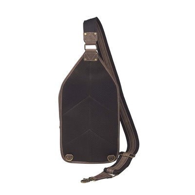 GTM Gun Compartment size: 7 – ¾” Wide x 10” Tall. Zipper opening: 8-1/2” – 9”Gun Footprint in holster: 7” Tall x 6-1/2” Wide. Antiqued Brass color hardware. Color: Distressed Brown   Slim Shape for ease of movement. Swings EASILY from back to front in seconds. Excellent for Wheelchair user.   Outsider front 3 separate zip pockets. Top zippered Main compartment2 inside extra pockets1 RFID protected zip pocket. IPAD easily fits