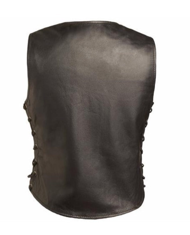 Ladies black leather riding vest has side laces, rounded v-neck collar, and has snap together front closure. It has two welt hip pockets and conceal carry inner front pockets. It has a single panel back.  Available for purchase in our shop in Smyrna, TN, just outside Nashville.  Available in sizes XS to 5X and is available in tall length.