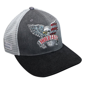 Declare your love of Faith, Family, Freedom in this HOLD FAST™ Cap in Black bill Grey front and a White back. Hold fast to these things so we can celebrate the sacrifice of those who serve in the United States Armed Forces—and ultimately because of the sacrifice of our Lord and Savior, Jesus Christ, on the cross at Calvary. When you pledge allegiance to the flag or see those colors flying in the breeze, think on these things. One size fits most.