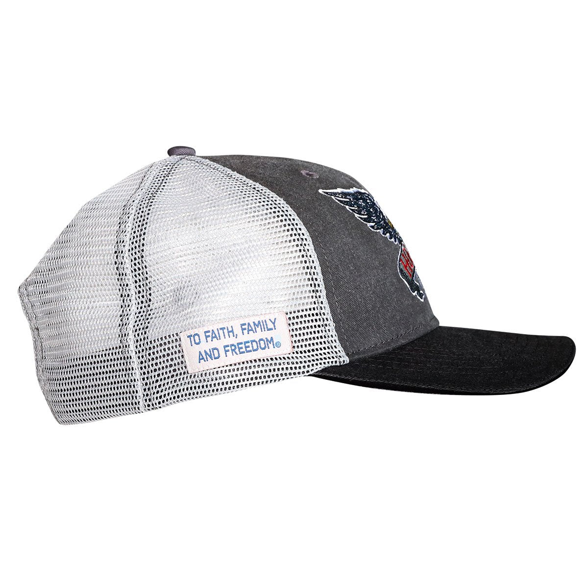 Declare your love of Faith, Family, Freedom in this HOLD FAST™ Cap in Black bill Grey front and a White back. Hold fast to these things so we can celebrate the sacrifice of those who serve in the United States Armed Forces—and ultimately because of the sacrifice of our Lord and Savior, Jesus Christ, on the cross at Calvary. When you pledge allegiance to the flag or see those colors flying in the breeze, think on these things.