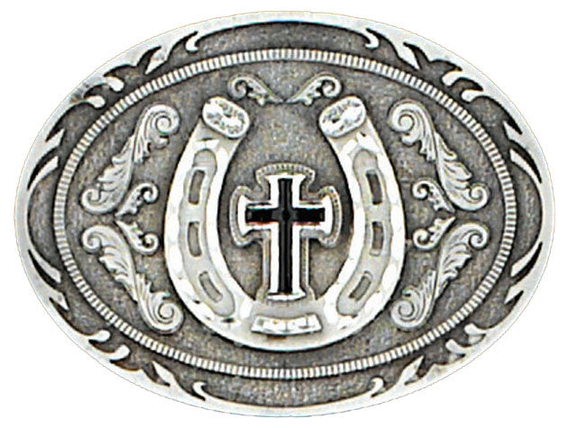Pewter Horseshoe Cross Belt Buckle-Oval pewter belt buckle with horseshoe and cross design in the center.  May be added to any of the belts on this site that have snap closure for buckle or may be added to a belt of your own. Fits 1 1/2" belts Black epoxy inlay Size 3-1/2" x 2-3/4"  