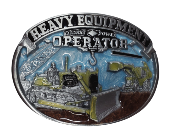 The Heavy Equipment Operator buckle part of our First Responders and Trades series we've added. Bless our men and women who build our roads and buildings we visit and use everyday! A Bulldozer and Backhoe on a oval shaped belt buckle. Pewter belt buckle that may be attached to your belt.  Fits 1 1/2" belts, Size 3-1/2" x 2-3/4. Available in our shop just outside Nashville in Smyrna, TN.