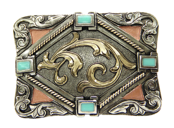 The Hebilla Western inspired buckle combines Stones and Scrolled designs buckle has a rectangle shape. This buckle is made from German Silver (nickel and brass alloy) or iron metal base. Some buckles have motifs made of copper, iron or brass and some are adorned with synthetic stones. Buckle size is Width 3.5” Height 2.5” and is available in our Smyrna, TN shop.  Buckle Width 3.5” Height 2.5” Fit's 1 1/2" belts