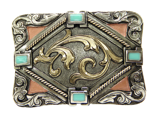 The Hebilla Western inspired buckle combines Stones and Scrolled designs buckle has a rectangle shape. This buckle is made from German Silver (nickel and brass alloy) or iron metal base. Some buckles have motifs made of copper, iron or brass and some are adorned with synthetic stones. Buckle size is Width 3.5” Height 2.5” and is available in our Smyrna, TN shop.  Buckle Width 3.5” Height 2.5” Fit&