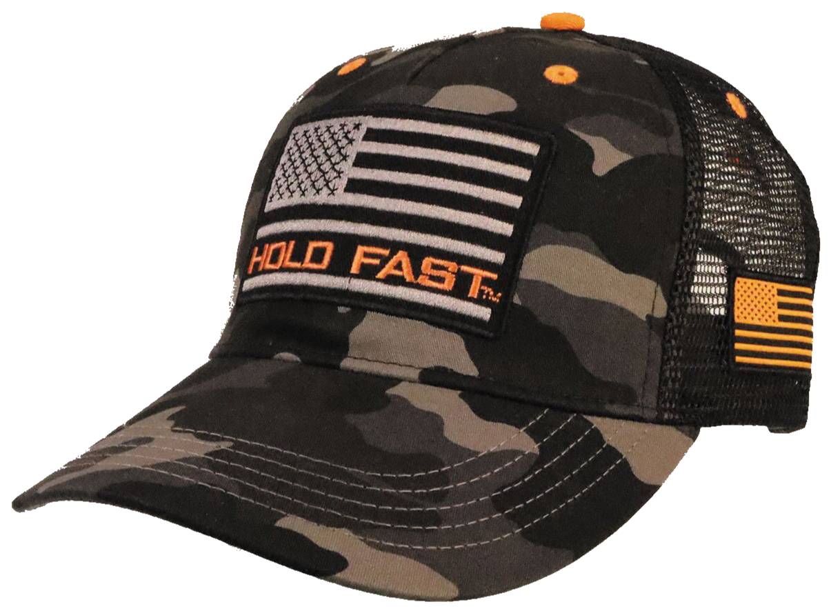 Proclaim your love of country in this HOLD FAST™ Black & Grey Camo Flag Cap. Hold fast to your faith, your family, and your freedom. Available online and in our retail shop in Smyrna, TN. One size fits most.