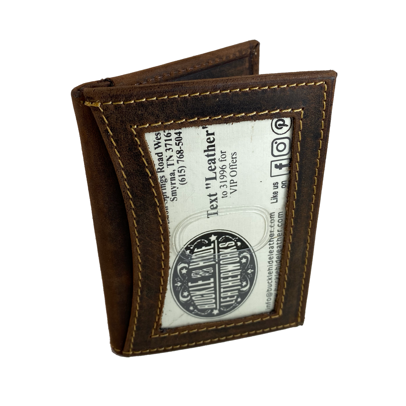 RFID protected Front Pocket Style in popular Distressed Brown with 3 inside card slots, cash pocket and DOUBLE I.D. pockets. one outside one inside, great for drivers license, work I.D. or carry permit. A lot of room for such a small wallet. Though it is imported it is a great value that's Buckle and Hide approved.