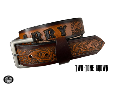 Full grain American vegetable tanned cowhide approx. 1/8"thick. Width 1 1/2" and includes Antique Nickle plated Solid Brass buckle Hand Finished in 3 color options Smooth burnished painted edges